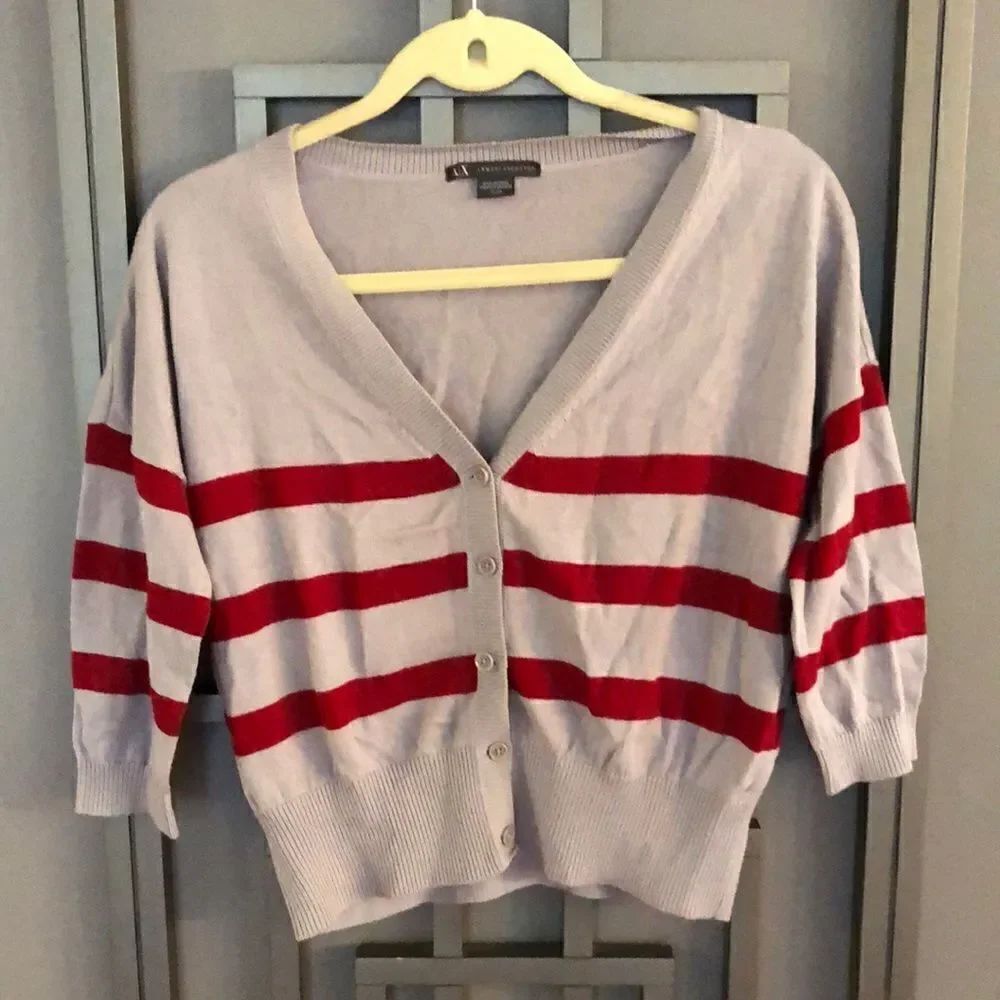 Armani Exchange gray and red stripedV-neck cardigan cropped sweater.xs